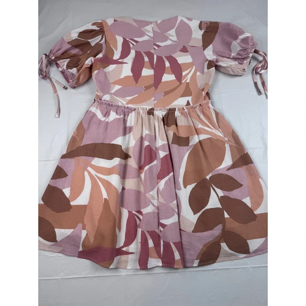 Girl and the Sun Avery Pink Leaf Print Puff Sleeve Mini Dress Size Medium Summer